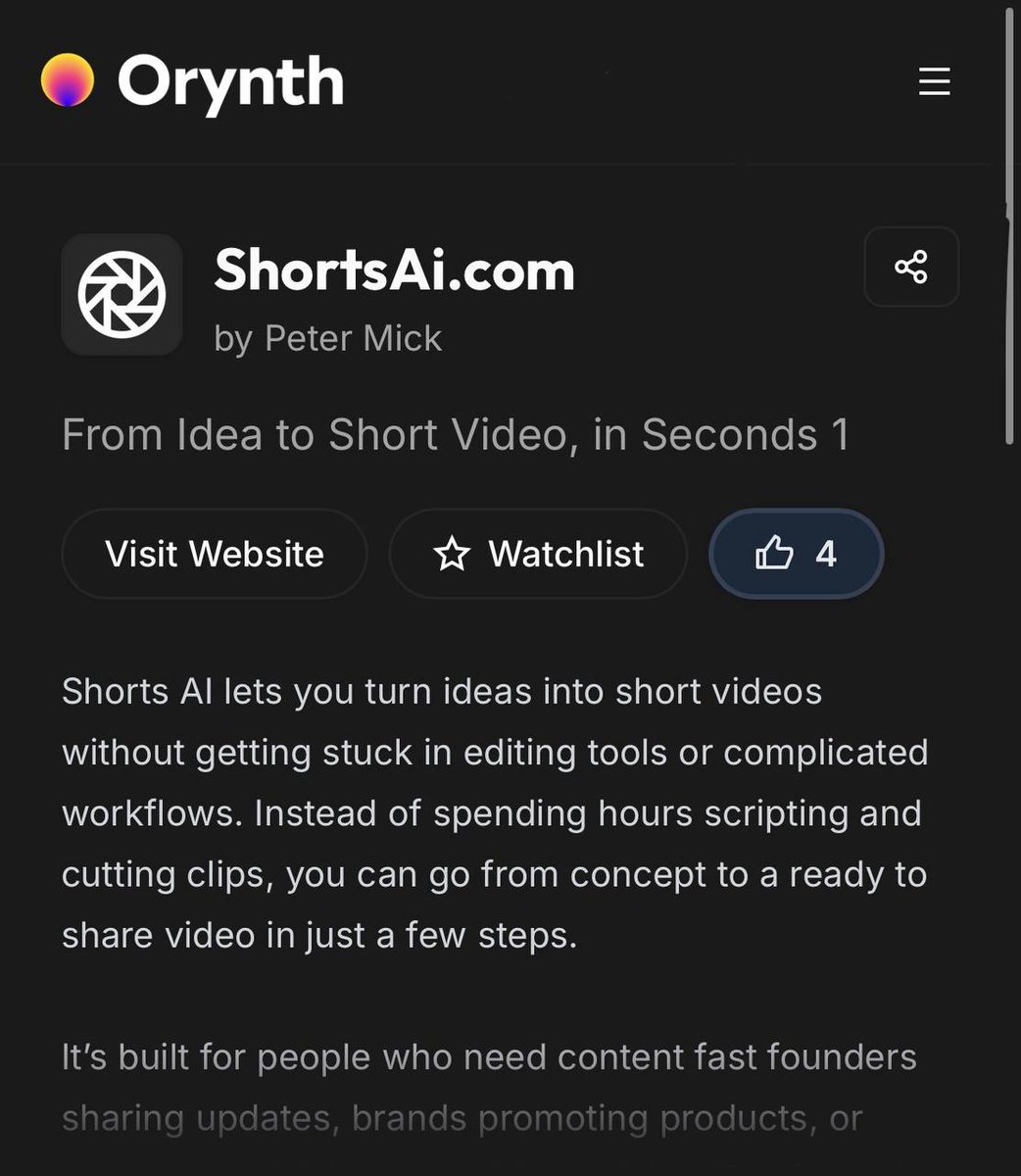 Welcome <a href="/ThePeterMick/">Peter Mick</a> to Orynth! 

Peter is the creator of an AI-powered short video generator and the founder of “Build in Community,” a thriving network of over 12,000 members.

He recently launched on Orynth and generated an impressive $800 in just one day an incredible start!