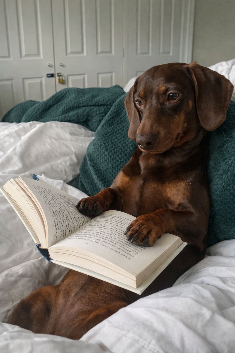 Tofrek's tweet photo. My daughter sent me this lovely photo of Milo (#Dachshund).
I'm not sure whether he is reading Dodie Smith's 101 Dalmations, or something heavier by Fyodor Dogstoevsky?
#DachshundsofTwitter
#DOGS
#DogsofTwitter https://t.co/odv0TNwPgX