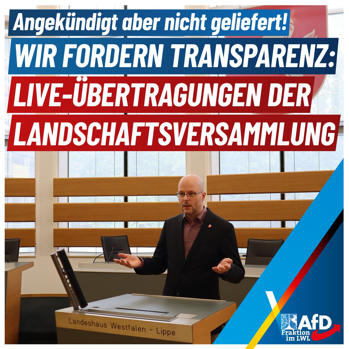 Wir fordern, endlich mehr Transparenz in den LWL zu bringen durch Live-Übertragung von Sitzungen. Mehr dazu auf facebook.com/afd.lwl/posts/…

#AfD #afdlwl #lwl #afdnrw