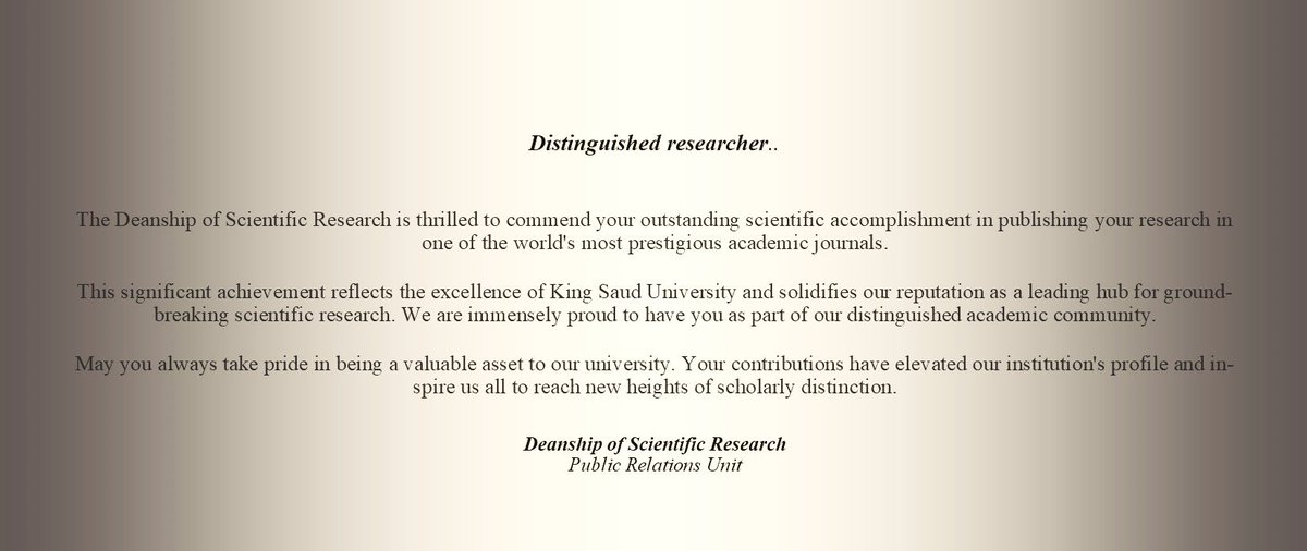 abdulaziz_ae's tweet image. I am incredibly proud to share that I have received a Certificate of Appreciation from the @DSResearch_KSU @_KSU for publishing in the top 10% of scientific journals. This recognition is a significant milestone in my #academic and #research journey and a testament to the team's