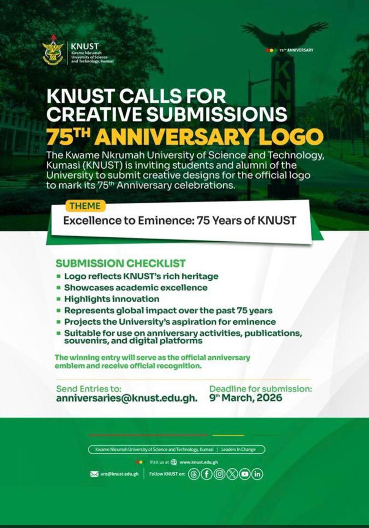 ipo_knust's tweet photo. Step up and make history! π·
Submit your design for the 75th Anniversary logo of Kwame Nkrumah University of Science and Technology and let your creativity shine.
Send Entries to: anniversaries@knust.edu.gh.
Deadline: 9 March 2026.
#KNUST #75anniversary #IPOVisibility https://t.co/hlMr51Rkz7