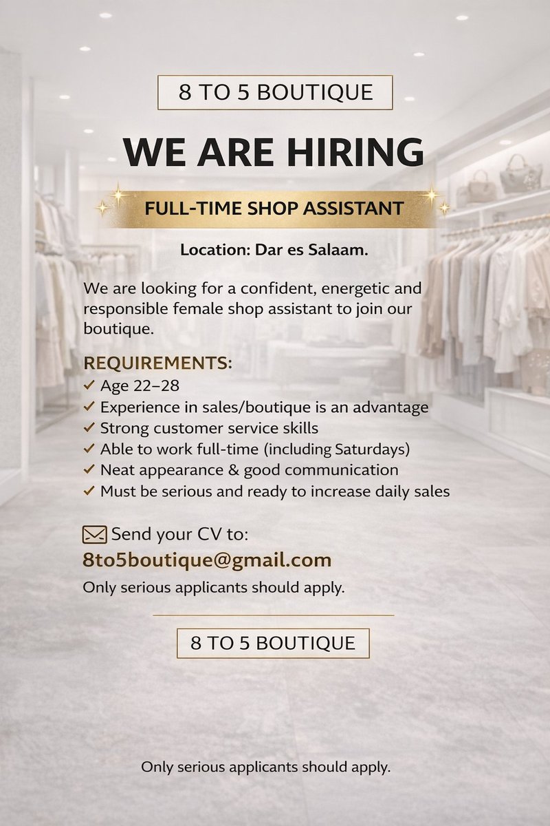 We are hiring..
Full-time Shop Assistant – Dar es Salaam.

Please retweet to help us reach serious candidates.