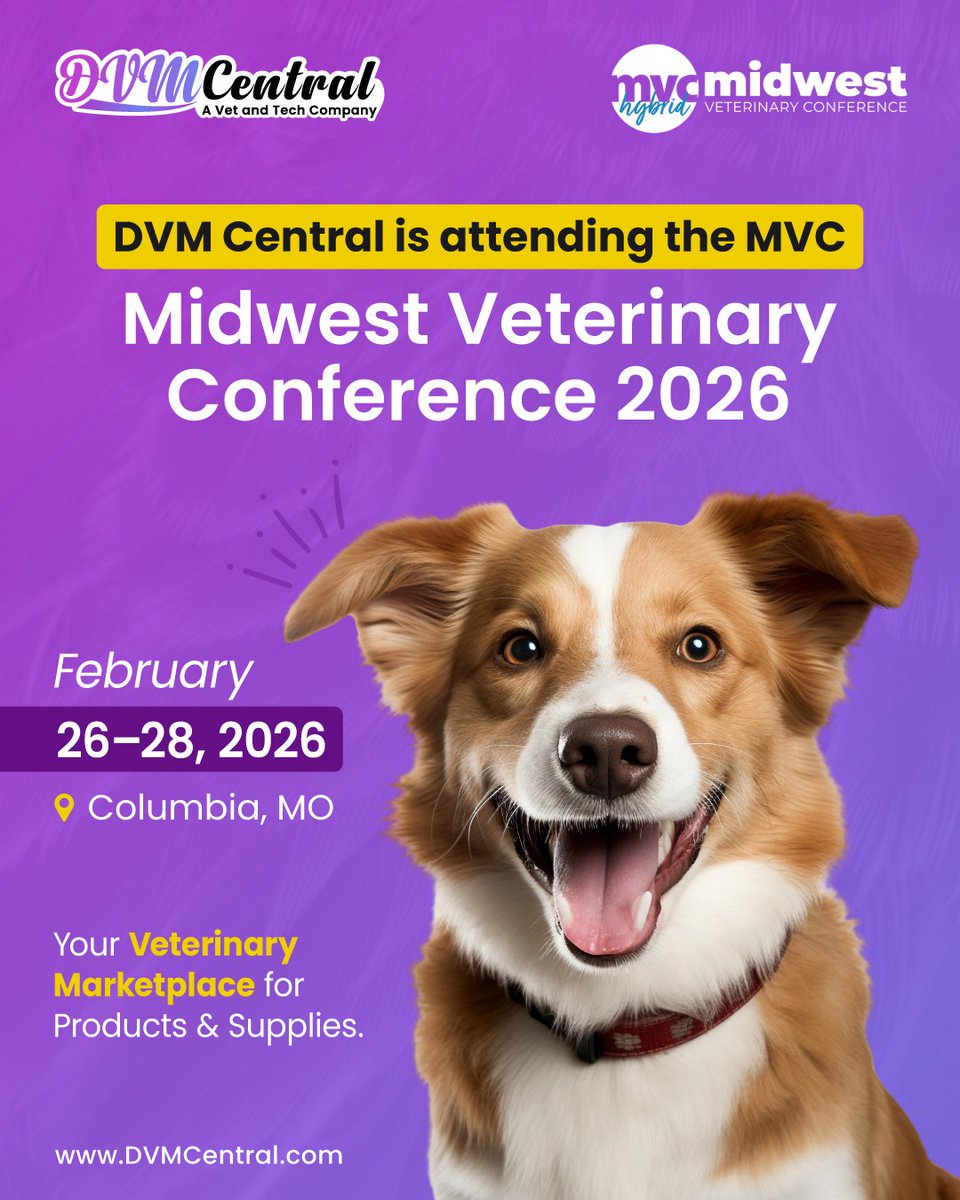 DVMCentral's tweet photo. DVM Central is heading to the
MVC Midwest Veterinary Conference 2026! 🐾
Join us as we connect with veterinary professionals and showcase products and supplies designed to support modern practices.

📅 February 26–28, 2026
📍 Columbia, MO https://t.co/DI6NhNsCW3