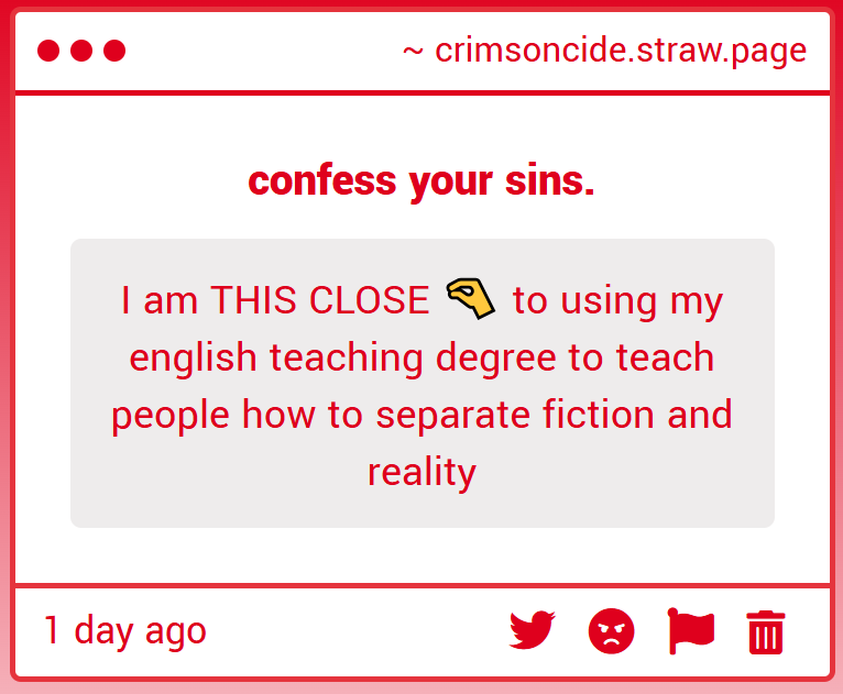 sacrivex's tweet photo. that's quite literally what i've been doing with my teaching degree in my free time, until i realized people are not confused, but are willfully obtuse. you cannot teach media literacy to someone who is committed to misunderstanding you while thinking of themselves as virtuous. https://t.co/NQkqdLWdf9