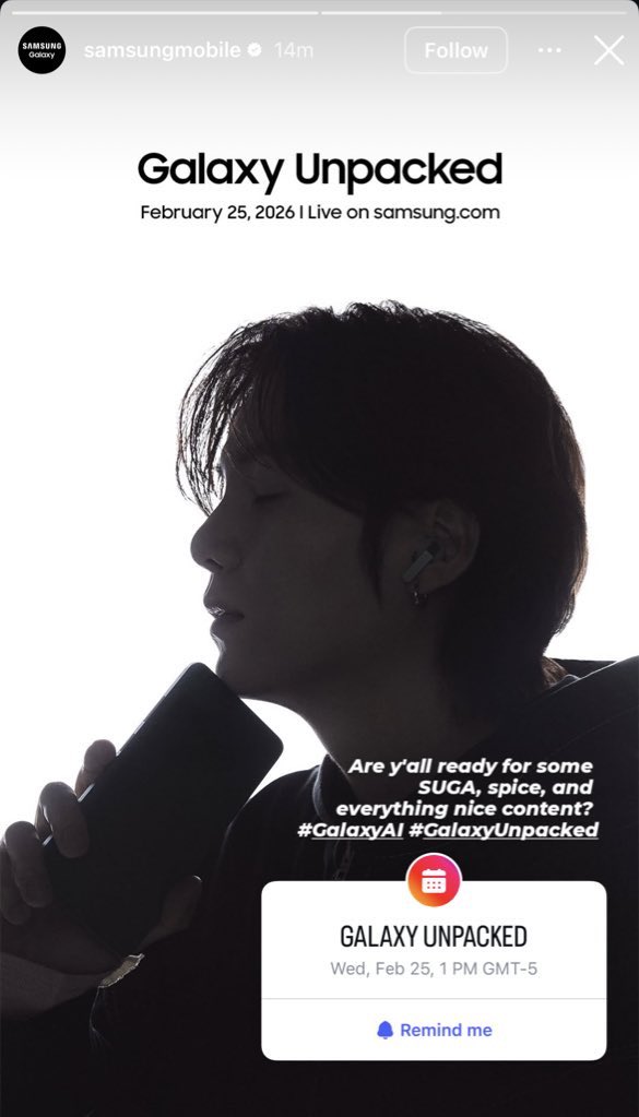 btschartsxdaily's tweet photo. [INFO] It seems that Samsung Mobile and #SUGA are teasing new collaboration 👀

“Are y'all ready for some exclusive SUGA, spice, and everything nice content?”

📽 Live on February 25 at 3 AM KST

SUGA X SAMSUNG 
#SUGAxSAMSUNG https://t.co/83yGWlSLsi