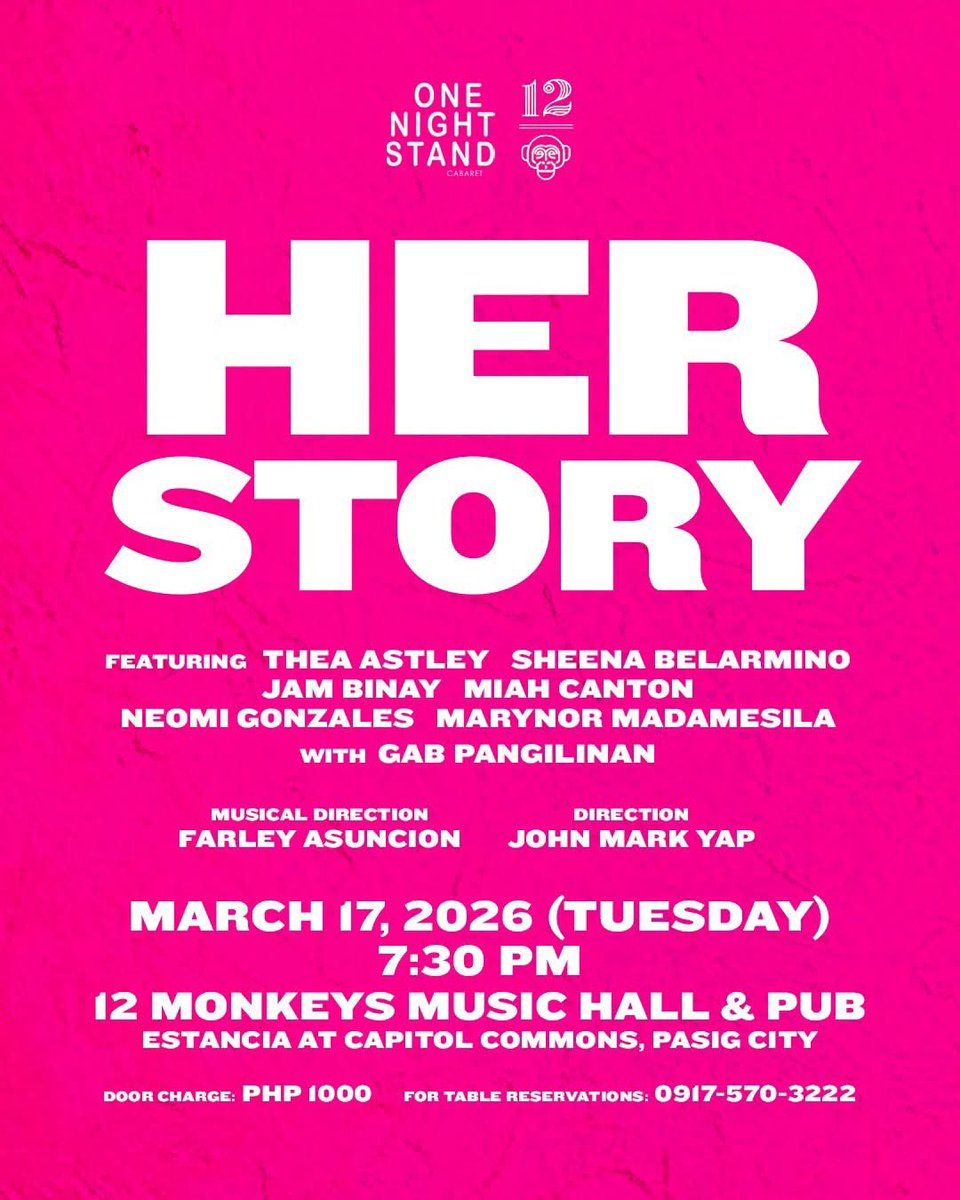 TheATeamOfcl's tweet photo. One Night Stand Cabaret: HERSTORY ✨

Featuring today’s rising and established theater stars — #TheaAstley, #SheenaBelarmino, #JamBinay, #MiahCanton, #NeomiGonzales, and #MarynorMadamesila — with special guest #GabPangilinan, live on March 17, 7:30 PM at 12 Monkeys Music Hall https://t.co/EqmnY5em2I