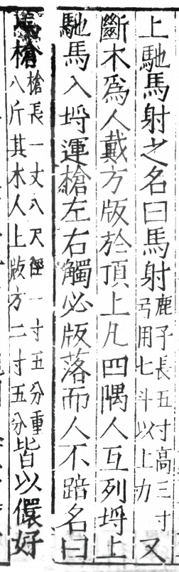 「馬槍」の試験は、人形の上に方形の板をのせ馬場に置き、馬を走らせて人形は倒さず方形の板のみを槍を使って落とします。槍の長さは一丈八尺（約5.3m）、重さは八斤（約5.3kg）。

画像は清代のジュゼッペ・カスティリオーネによる『畫阿玉錫持矛蕩寇圖』