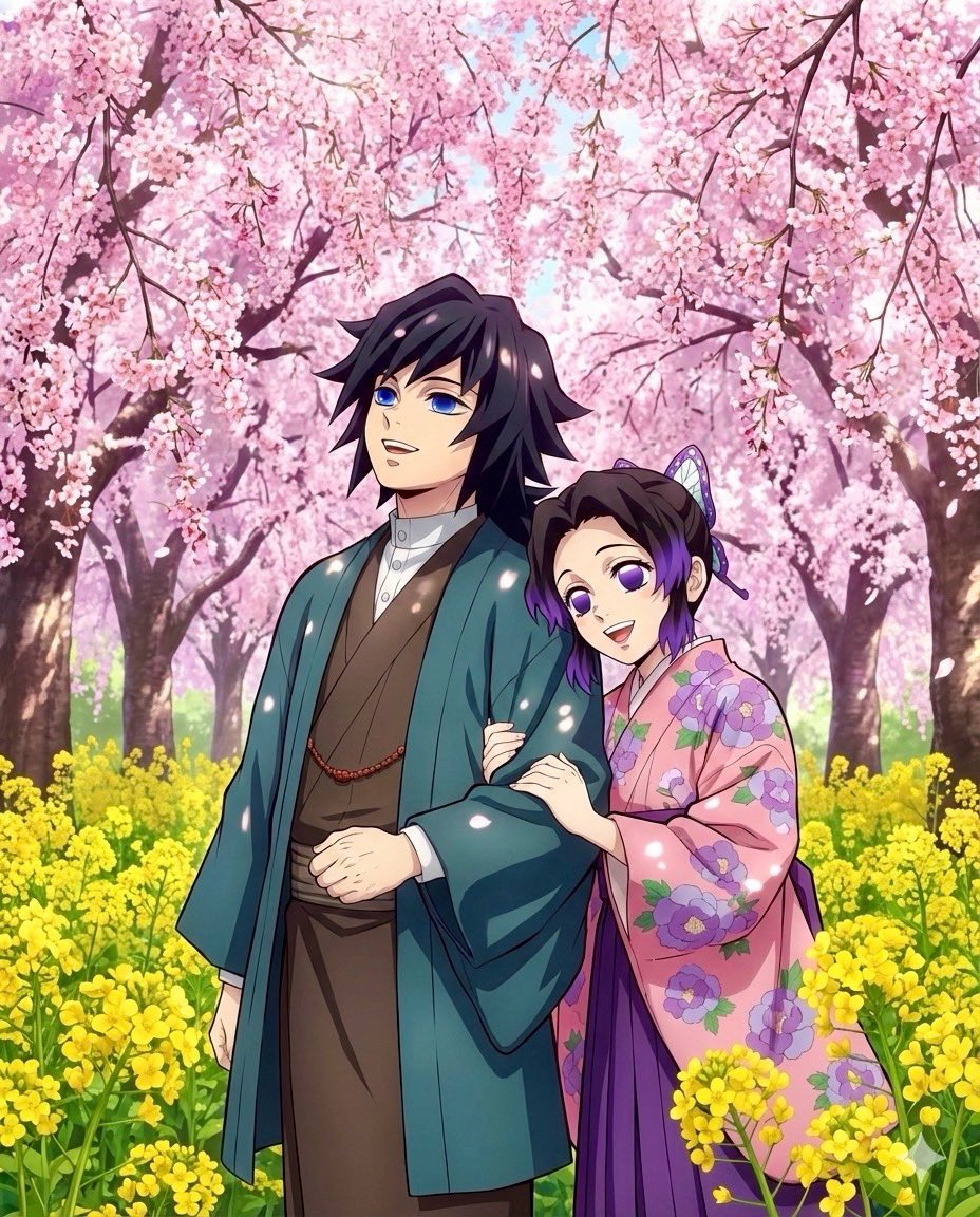 AIで遊ぶ🌊🦋。桜と菜の花。
#冨岡義勇　#胡蝶しのぶ