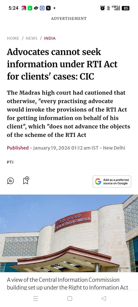 Advocates cannot seek information under RTI Act for clients' cases: CIC - The Hindu share.google/lmU8CtwGJ7GqTH…
