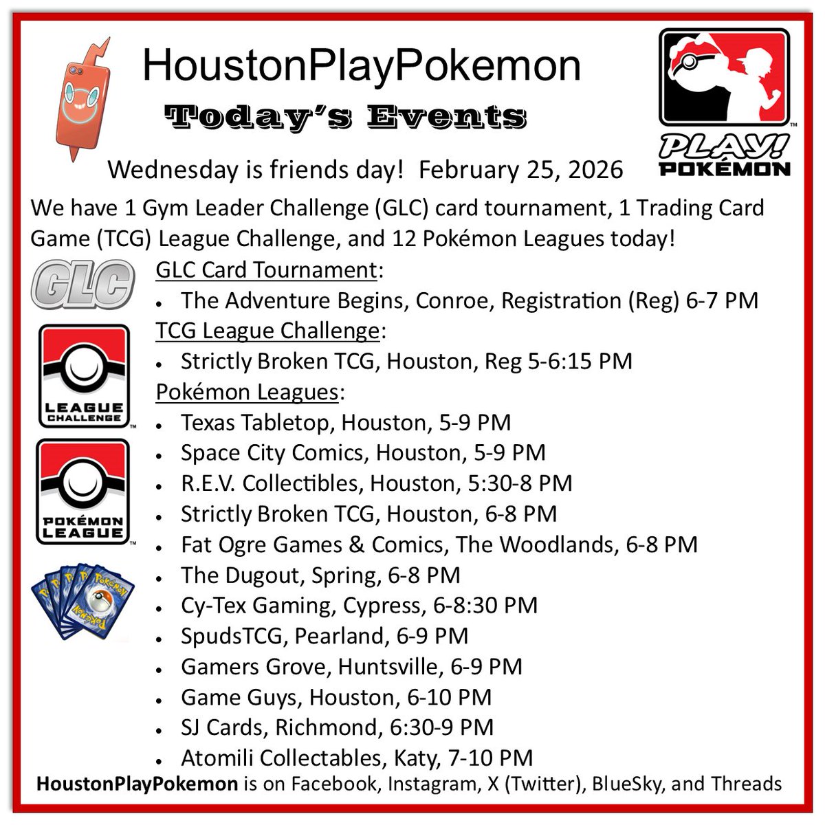 Wednesday is friends day! We have 1 Gym Leader Challenge (GLC) card tournament, 1 Trading Card Game (TCG) League Challenge, and 12 Pokémon Leagues today! #PlayPokemon