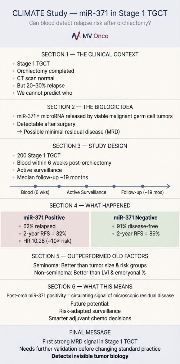 Stage 1 testicular cancer:
CT scan normal after surgery… but 20–30% still relapse.
CLIMATE study shows a blood test (miR-371) can predict relapse risk (HR ~10).
Early MRD signal — promising, but needs more validation.
#MVOnco #TesticularCancer #Oncology