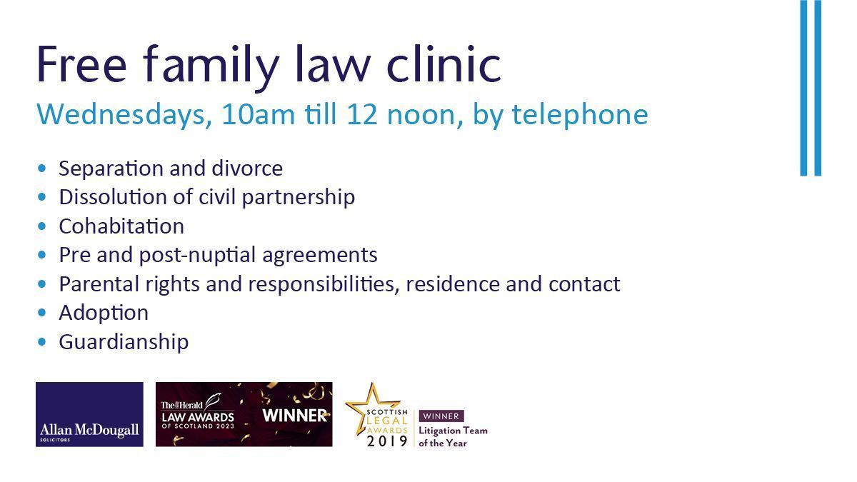 Allan_McDougall's tweet image. Free family law clinic 
Wednesday, 4 March (by telephone) 
Book a place: allanmcdougall.co.uk/family/free-fa…

#Divorce #Separation #Cohabitation #CivilPartnership #ParentalRights #ParentalResponsibilities #ParentalContact #Adoption #PreNuptialAgreements