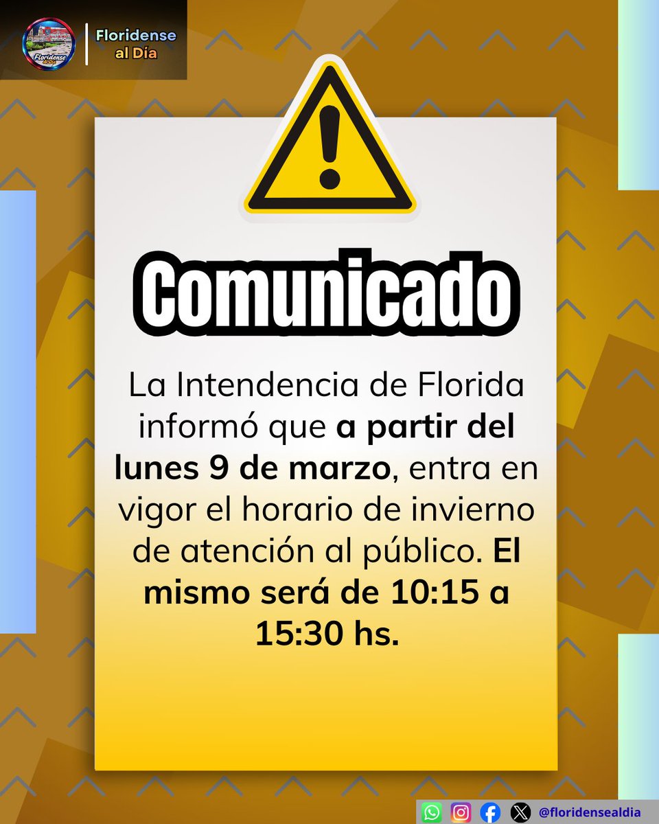 floridensealdia's tweet image. ⚠️A partir del 9 de marzo, nuevo horario en IDF. Será de 10:15 a 15:30 hs.

#comunicados #floridensealdía #floridauruguay