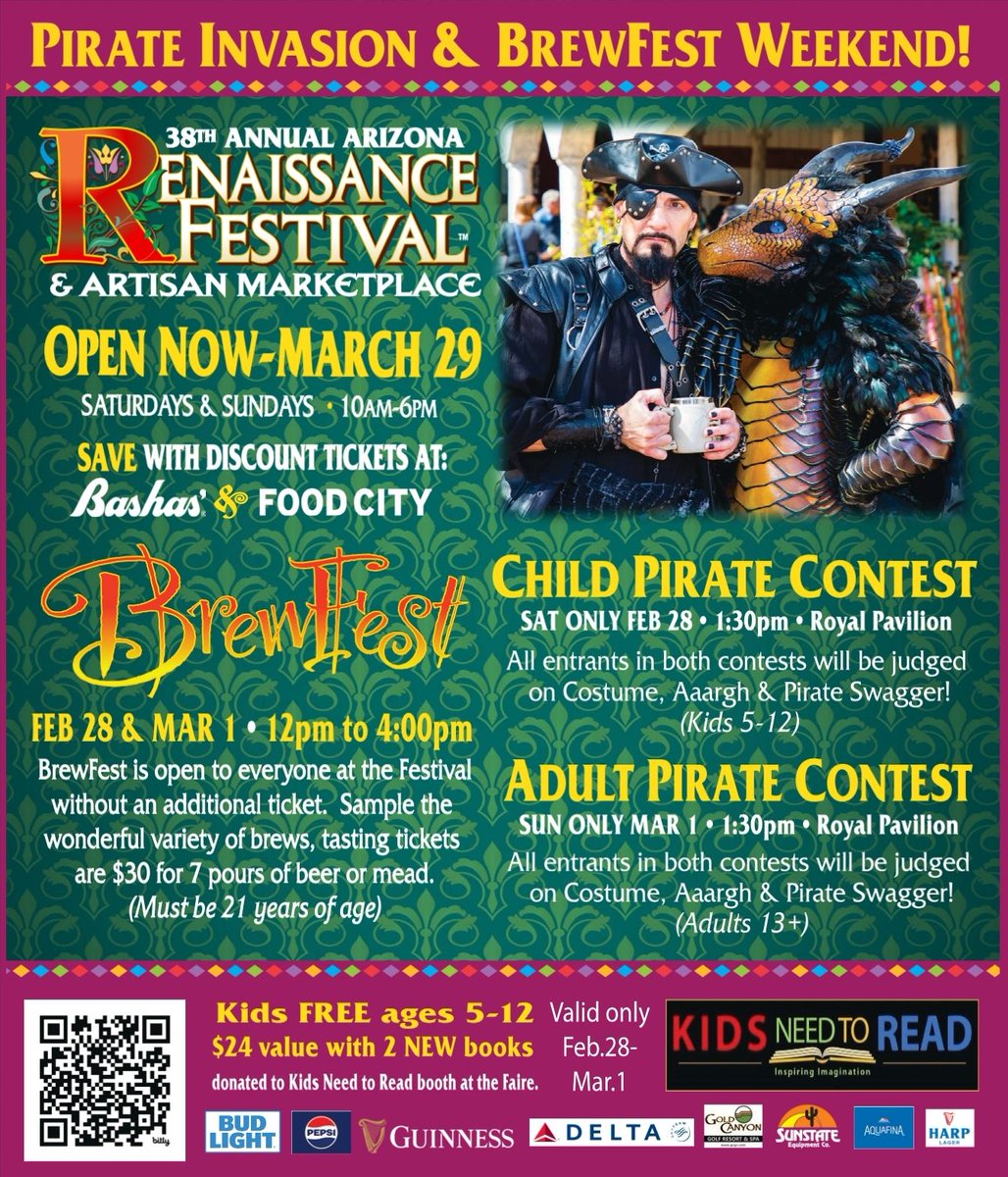 BrewFest is this weekend ONLY (2/28 + 3/1), at the Arizona Renaissance Festival! An experience not to be missed: indulge in self guided beer tastings (21+ only), pirate costume contests, and be captivated by the limited engagement act, Dungeons and Shakespeare!