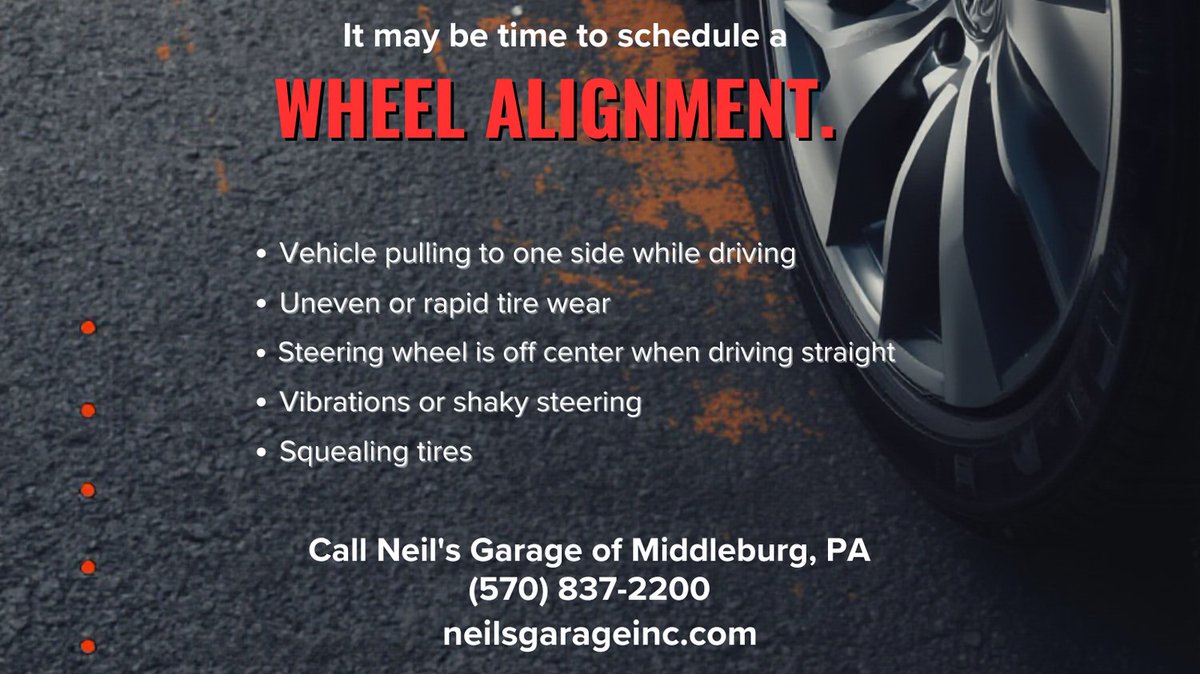 neilsgarag38164's tweet image. It may be time to schedule a WHEEL ALIGNMENT.    Is your vehicle pulling to one side while driving, Uneven or rapid tire wear, Steering wheel is off center when driving straight, Vibrations or shaky steering, Squealing tires.  
#Wheelalignment
#Wheelalignments