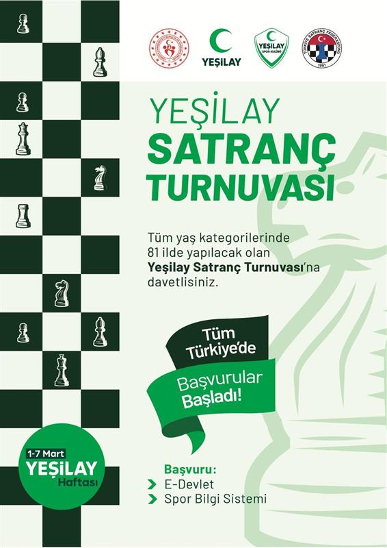 Tüm Türkiye'de Yeşilay Satranç Turnuvası başvuruları başladı!

Tüm yaş kategorilerinde 81 ilde yapılacak olan Yeşilay Satranç Turnuvası'na davetlisiniz.

Başvuru için:
📌E-Devlet
📌Spor Bilgi Sistemi

<a href="/1920yesilay/">Yeşilay</a> <a href="/AslKarakahya/">Aslı Karakahya 🟢🇹🇷</a>