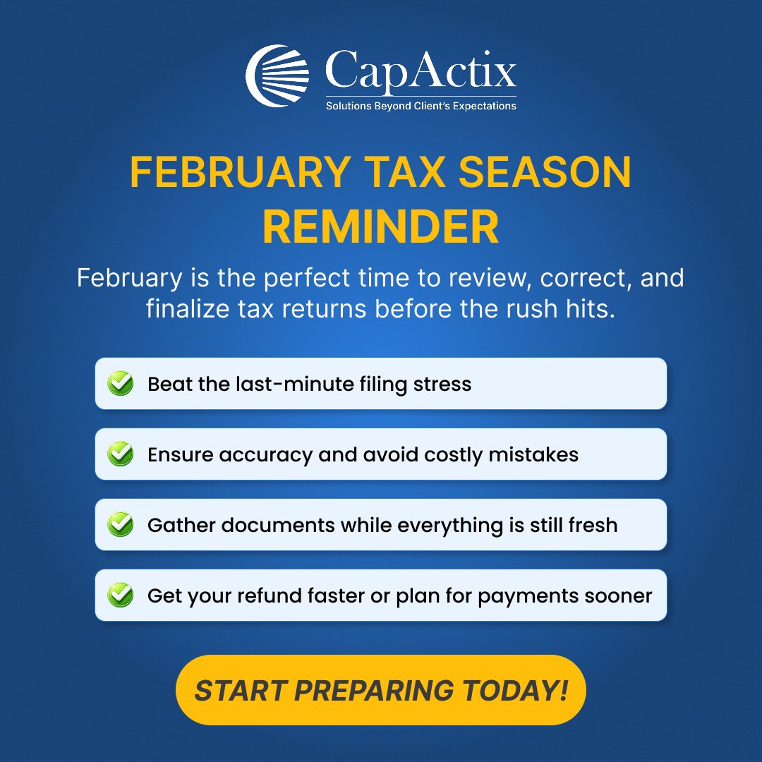 CapActix's tweet image. February is your tax-season sweet spot the best time to review, correct, and finalize your returns before the rush. ⏳📄
Act now to stay organized, avoid errors, and secure faster refunds (or plan ahead if you owe)
 bit.ly/3VYuWDO
#TaxSeason2026 #FileEarly #StayOrganized