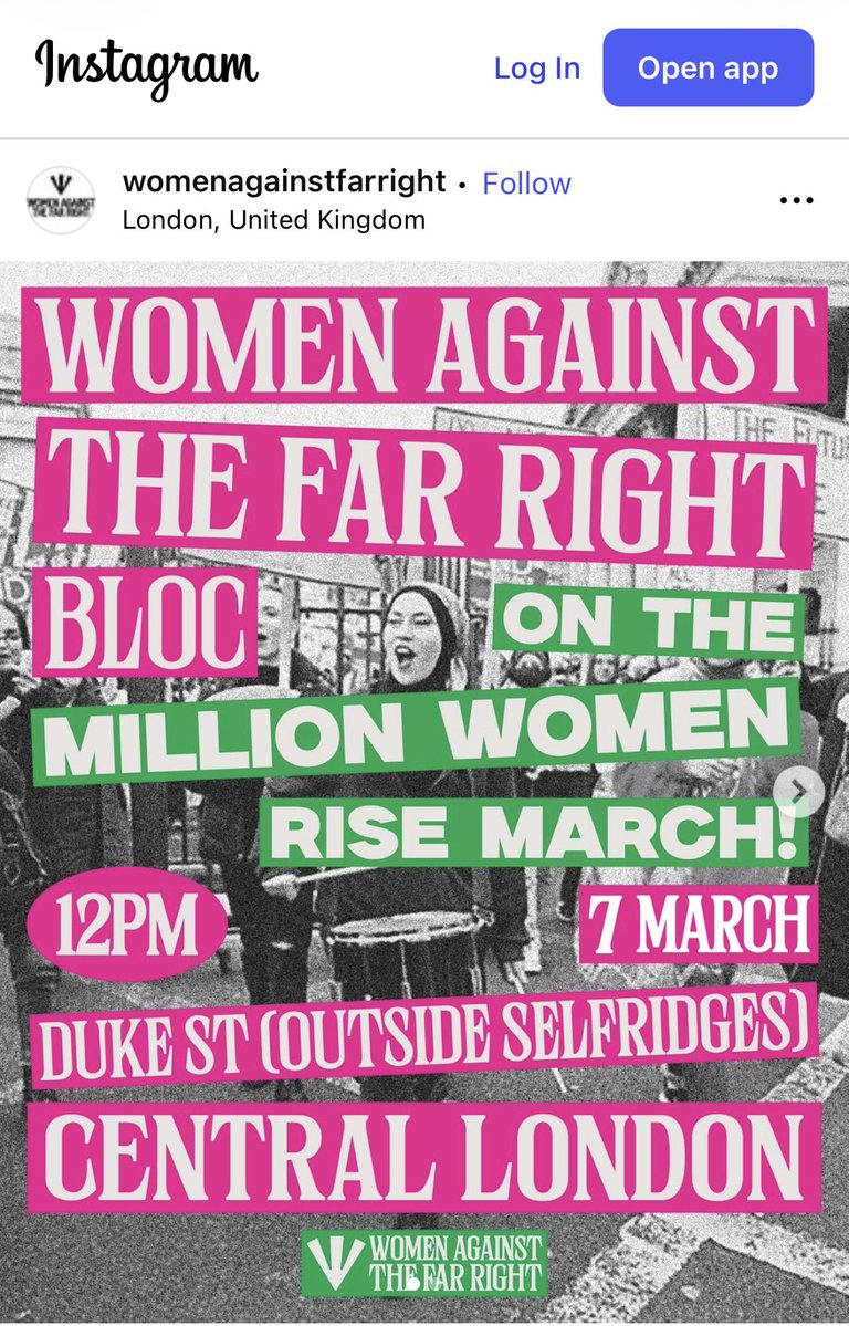 📣 Calling all women raising their voices against the Far Right:

‘A Million Women Rise March’ is happening on 7th March 2026 in London. 

Meeting point : Duke Street near Selfridges

Time: 12pm

Please share! 

(Other events will be taking place across the U.K. that weekend)