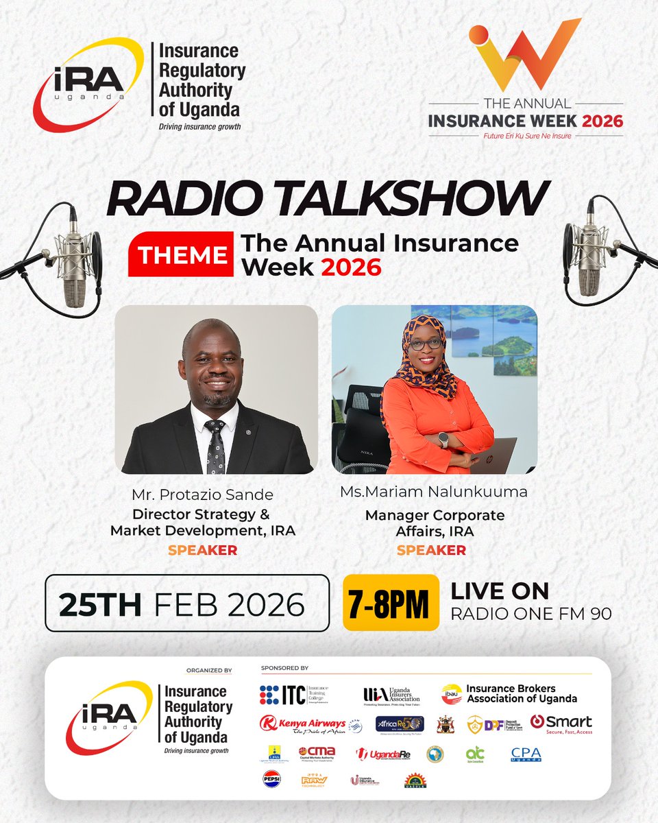 IraUganda's tweet image. This evening, we are taking a deep dive into matters Insurance Week.
Why should it matter to you? What is really in it for you?
Tune in and find out.
#DrivingInsuranceGrowth #BeInsured.