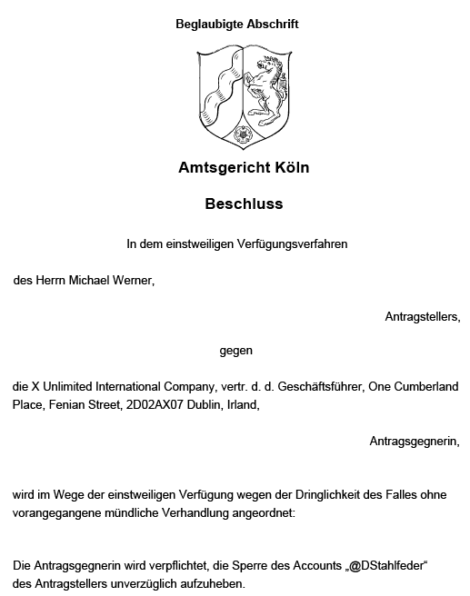 Normalerweise erreiche ich mit meinen Shitposts irgendwas zwischen tausend und zweitausend Views.

Mein gestriger Comeback-Tweet nach meiner rechtswidrigen Sperre, die per gerichtlicher Anordnung aufgehoben werden musste, hat mir bisher, nach noch nicht mal einem Tag,