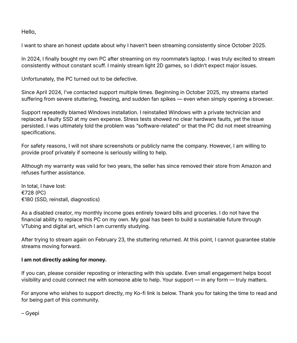 Update about my streaming setup and situation — full message in the image.
Any engagement/retweets are greatly appreciated! 🩷