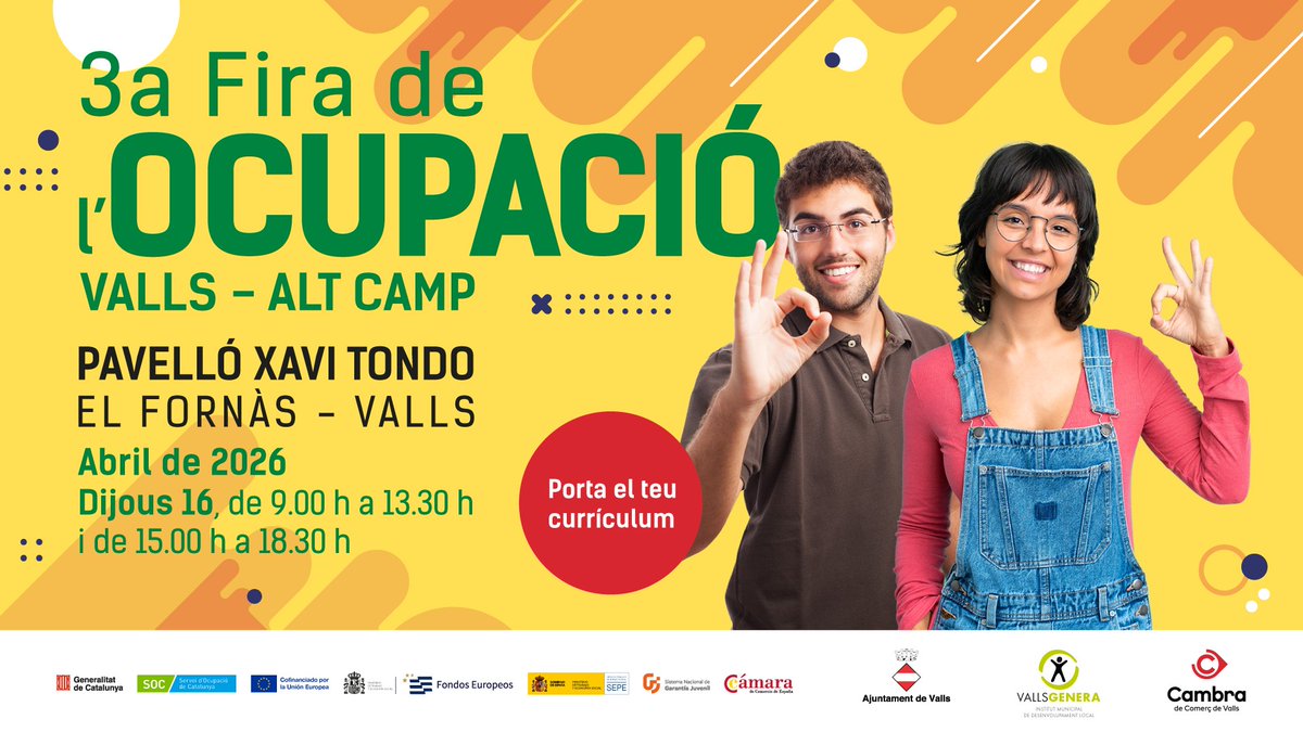 CambraValls's tweet photo. Fira de l'Ocupació de Valls i l'Alt Camp!
📅16 d'abril | 9-13:30h i 15-18:30h
📍Pavelló  Xavi Tondo
Empreses, talent, orientació laboral, tallers … tot en un mateix espai!
Si ets empresa o si busques feina, apunta't ara!
📲 https://t.co/n3rfiK2yk7 https://t.co/xYkf9WGp5u