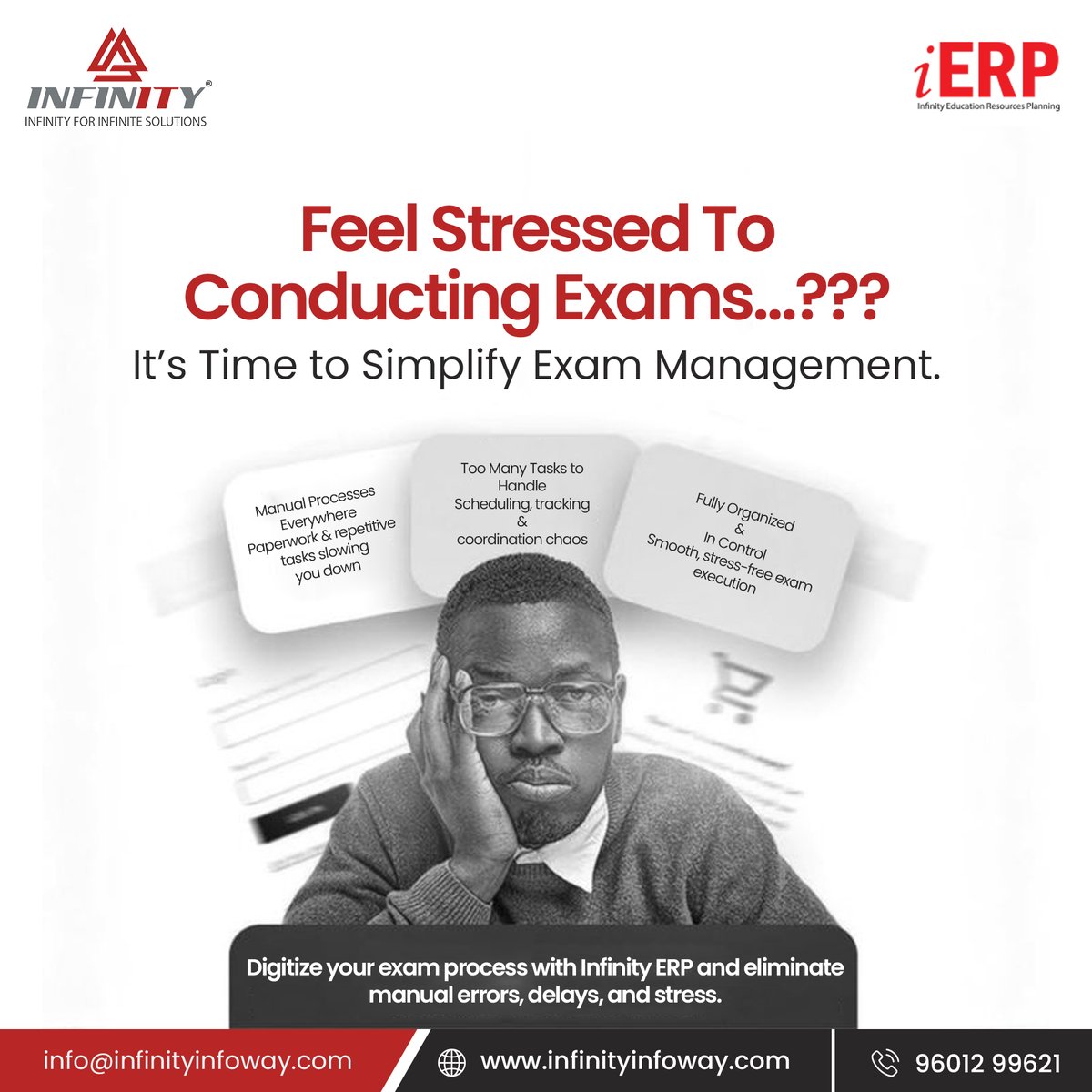 InfinityInfoway's tweet photo. Feel Stressed to Conducting Exams ?

It's Time to Simplify Exam Management.

Manual Processes Everywhere Paperwork &amp; repetitive tasks slowing you down
Too Many Tasks to Handle Scheduling, tracking &amp; coordination chaos

Visit our website
https://t.co/qC7oEKzWz0

#infinityinfoway https://t.co/NNx5nt4Tcg