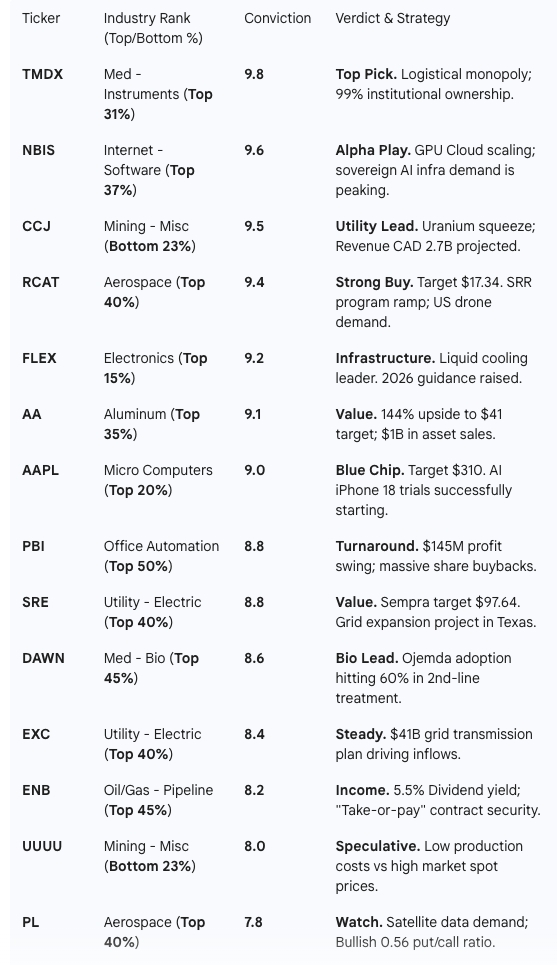 ai ranking of 02/25
$TMDX $NBIS $CCJ $RCAT $FLEX $AA $AAPL $NVDA $PBI $SRE $DAWN $EXC $ENB $UUUU $PL