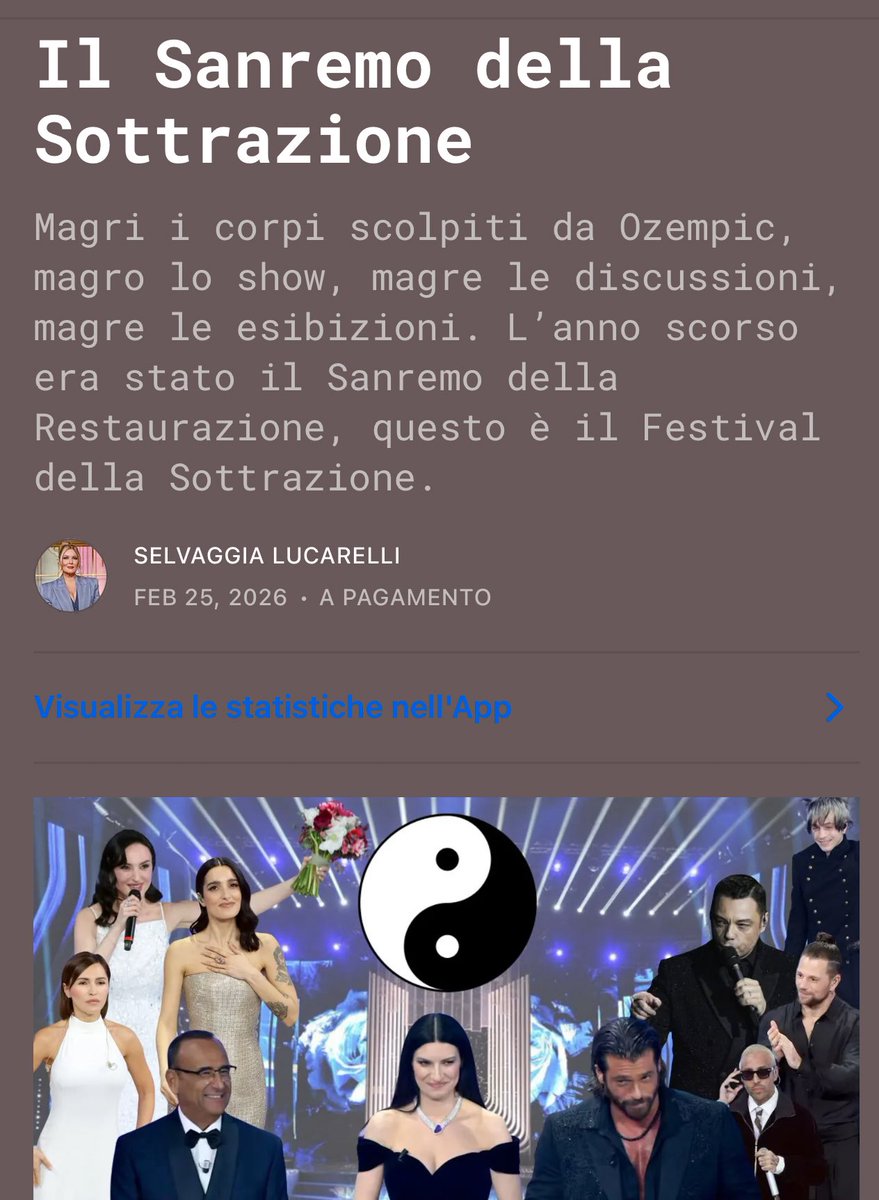 stanzaselvaggia's tweet image. Magri i corpi scolpiti da Ozempic, magro lo show, magre le discussioni, magre le esibizioni. L’anno scorso era stato il Sanremo della Restaurazione, questo è il Festival della Sottrazione in cui Conti e Pausini sembrano i santoni di un rehab. La mia recensione. #sanremo2026