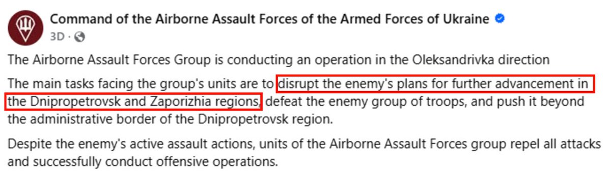 A recent post by the Ukrainian Airborne Assault Forces confirms what I have been saying for weeks about this localised Ukrainian counteroffensive:

The goal is to delay Russian plans for their upcoming encircling maneuver against Orikhiv, which by extension protects Zaporizhzhia