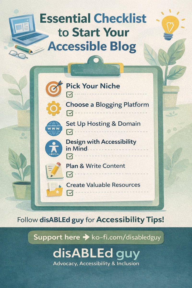 Here’s your simple checklist:
✔ Pick your niche
✔ Choose a platform
✔ Set up hosting
✔ Design with accessibility in mind ♿
✔ Plan &amp; write content
Start smart. Build inclusive. 💻✨
#BloggingTips #StartABlog #Accessibility #ContentCreator #A11y