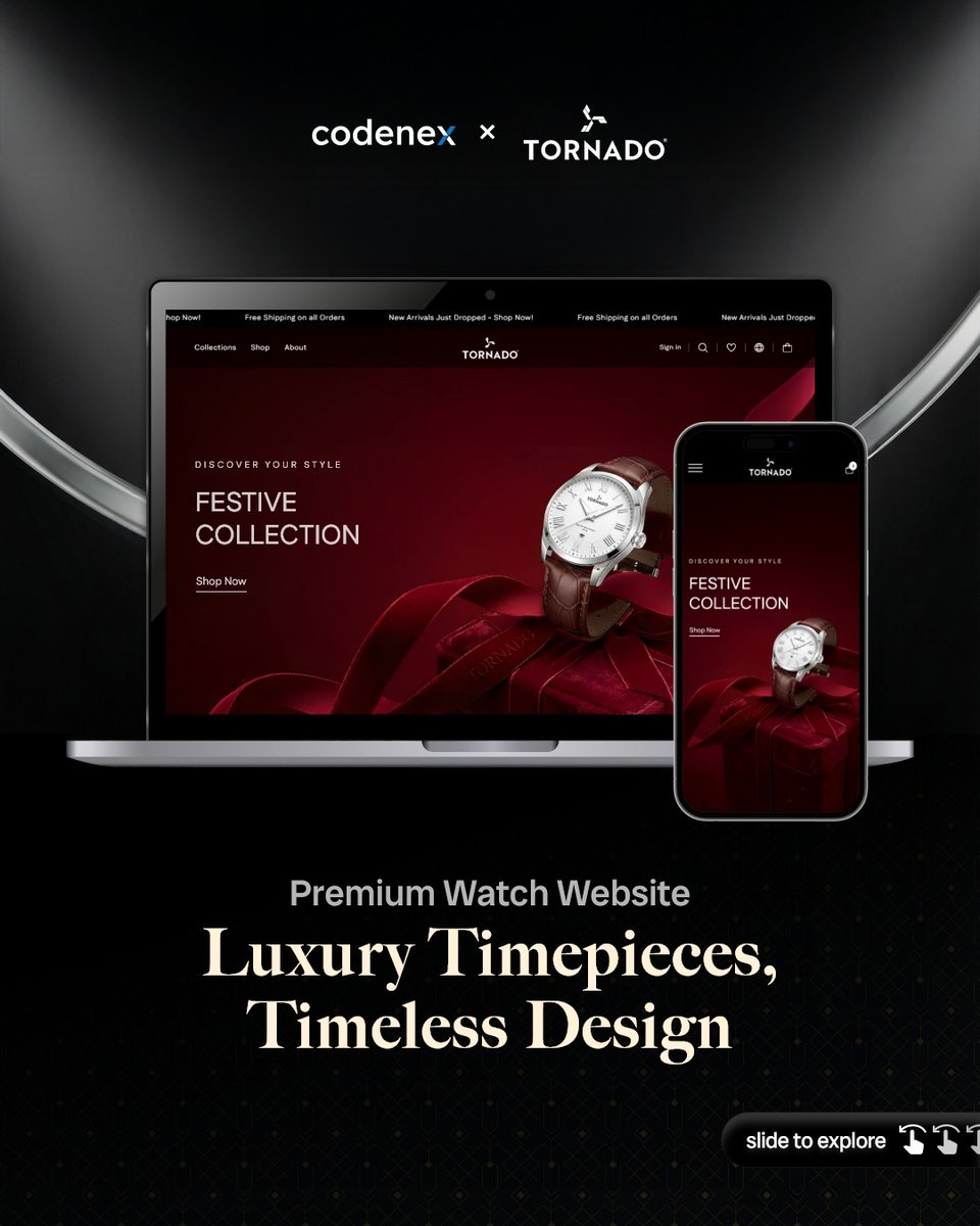 Codenex_'s tweet photo. Proud to deliver a refined e-commerce experience for Tornado, a premium online watch retailer.
Designed to showcase craftsmanship, elegance, and performance, built for seamless browsing and confident shopping.

#PortfolioShowcase #EcommerceDevelopment #LuxuryRetail #WatchBrand https://t.co/LOL5J7fVHf