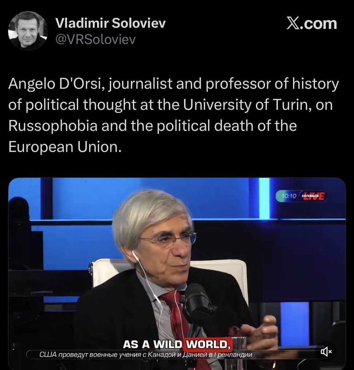D’Orsi da Soloviev.. tutto molto logico!
Ma qui solleverei il problema dei conduttori italiani di vari talk show che, per quattro anni, hanno continuato a invitare D’Orsi come voce imparziale, facilitando così la diffusione della propaganda russa in Italia.
