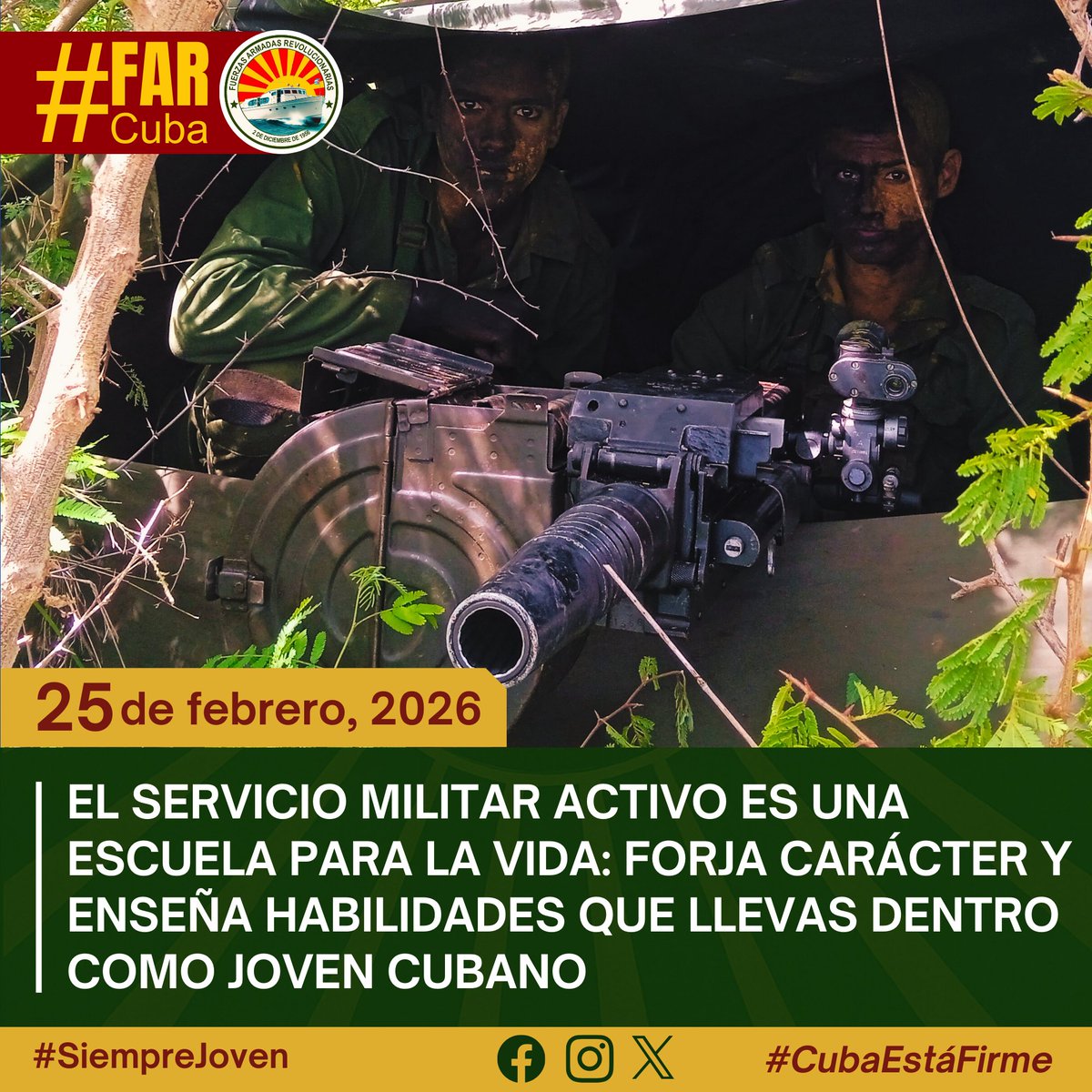 El Servicio Militar Activo no es solo un deber patriótico; es una escuela para la vida. 

En las filas de las #FARCuba forjarás un carácter indestructible, aprenderás disciplina y sentirás el orgullo de servir a la Patria. Descubre el líder que llevas dentro. 🇨🇺✨

#Cuba