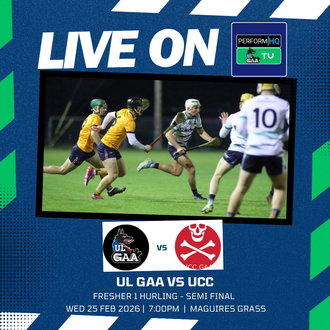 ul_gaa's tweet photo. For the third time in three days, we face @ucc_gaa in a Hurling match. Tonight, it’s the turn of our Fresher 1s in their @HigherEdGAA Championship Semi-Final! We have live coverage on UL GAA TV from 6.55pm 📺 

🔗- https://t.co/MmuSqk061T

#ULGAA #BelongToThePack 🐺 https://t.co/7U3IPWuFDt