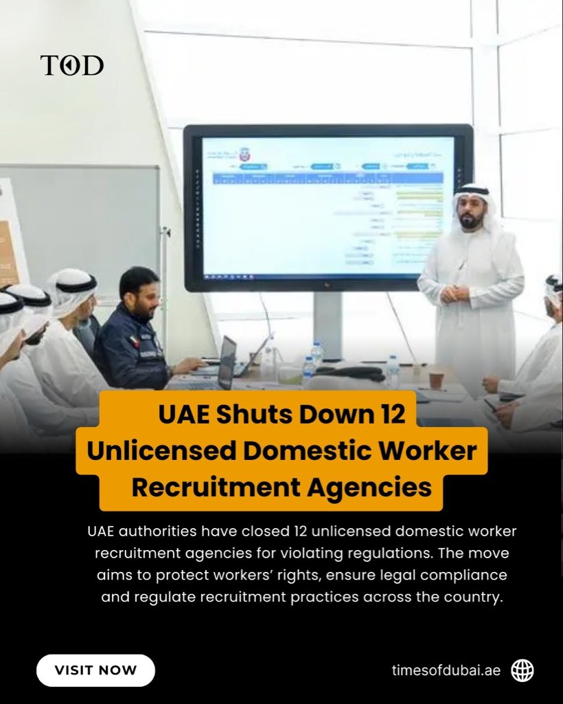 timesofdubai_'s tweet image. UAE authorities have shut down 12 unlicensed domestic worker recruitment agencies for violating regulations. The move reinforces worker protection, legal compliance and fair recruitment practices across the country. #WorkerProtection #RecruitmentRegulations #UAENews #UAEUpdates