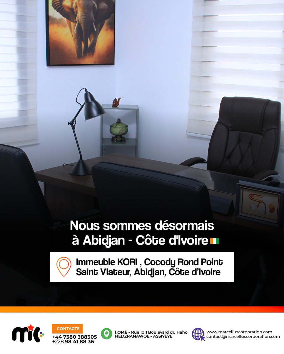 MarcellusCorpo's tweet photo. Nous sommes désormais présents à Abidjan – Côte d’Ivoire 🇨🇮.  
 
Cette nouvelle implantation marque une étape clé dans notre mission et nous permet d’être plus proches de nos clients et partenaires en Côte d’Ivoire, afin de les servir avec encore plus de confiance . https://t.co/TUv1EtVruo