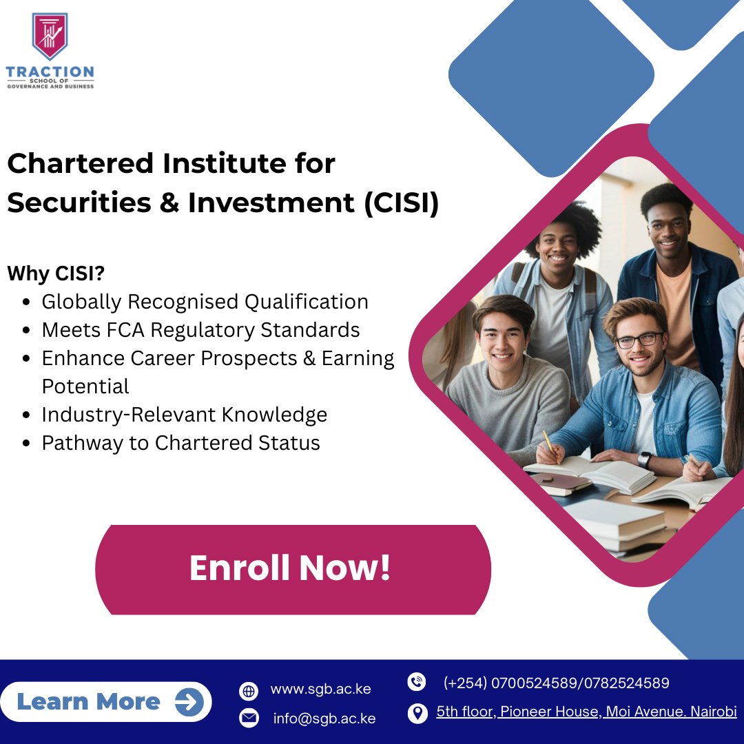 Top performers don’t leave growth to chance.
They invest in globally recognized credentials.
The CISI qualification signals real expertise in capital markets.

🎯 Stand out. Build credibility.
📌 sgb.ac.ke/cisi-course/

#CareerAdvice #FinanceCareers #Upskill