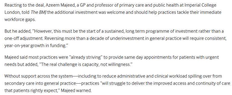 The new funding in the NHS GP contract must be the start of a long term programme of investment, not a one-off adjustment. Reversing more than a decade of underinvestment in general practice will require consistent year-on-year growth. bmj.com/content/392/bm…  <a href="/bmj_latest/">The BMJ</a>