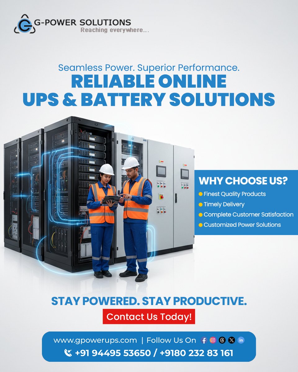 gpowerups's tweet photo. Keep your business running without interruptions ⚡ Reliable Online UPS &amp; battery solutions, quality products, and timely service to protect against downtime.

Call: +91 9449553650 / +91 8023283161
🌍 https://t.co/LgQMAloxeq

#Gpower #PowerBackup #OnlineUPS #BatterySolutions https://t.co/XjGX0QIanl