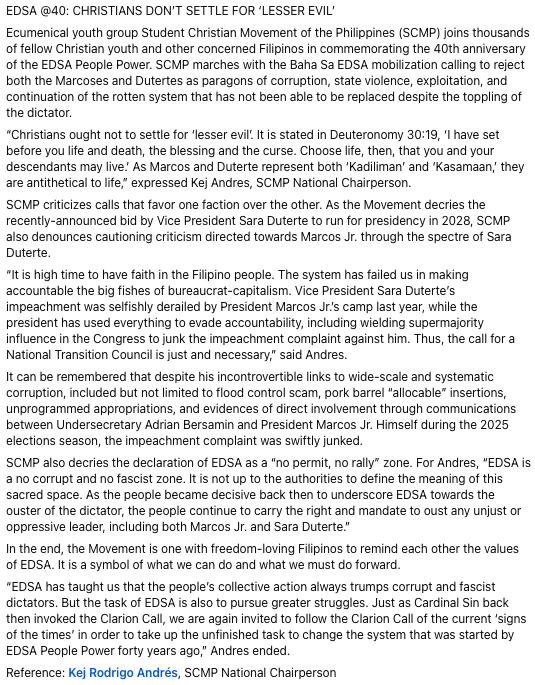 SCMPhilippines's tweet photo. EDSA @40: CHRISTIANS DON’T SETTLE FOR ‘LESSER EVIL’

#MarcosSingilin
#DutertePanagutin
#OustMarcosDuterte
#EDSA40 https://t.co/nDnvY10alr