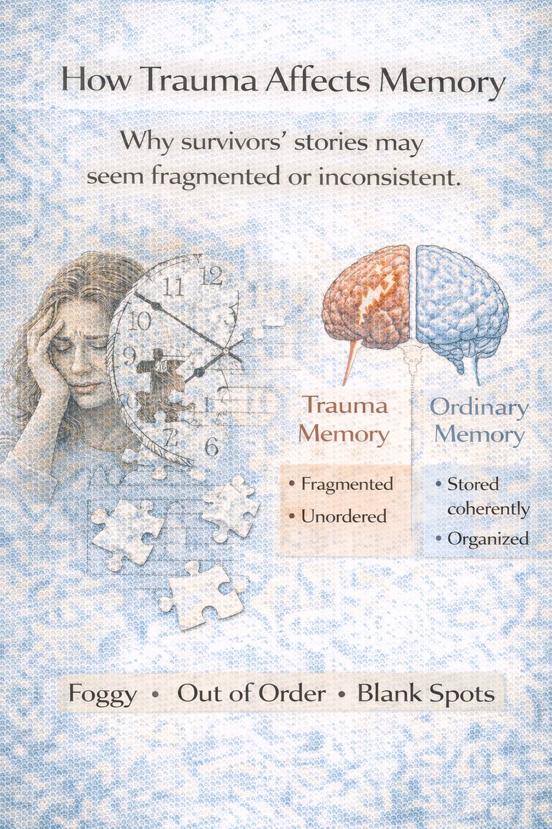 caroline_ode's tweet photo. Fragmented memories are not lies.
Blank spaces are not proof of dishonesty.

When the body is in survival mode, the brain focuses on staying alive not on organizing a timeline.

#TraumaInformed
#BelieveSurvivors
#SexualAssaultAwareness
#CompassionOverJudgment
#BreakTheSilence https://t.co/Upwg5UXdB0