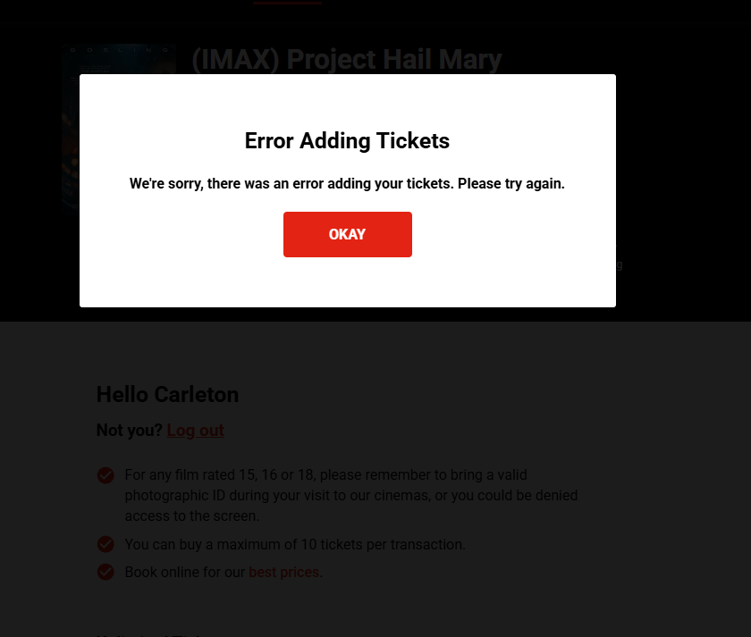 DunkorJunk's tweet photo. @cineworld just trying to book #ProjectHailMary in @IMAX at Cineworld NEC with my #Unlimited card and a voucher code (2 tickets - for myself and my son) but get this following message, any ideas? I have subsequently tried again but it then says I have exceeded the maximum attempts for the voucher code?
