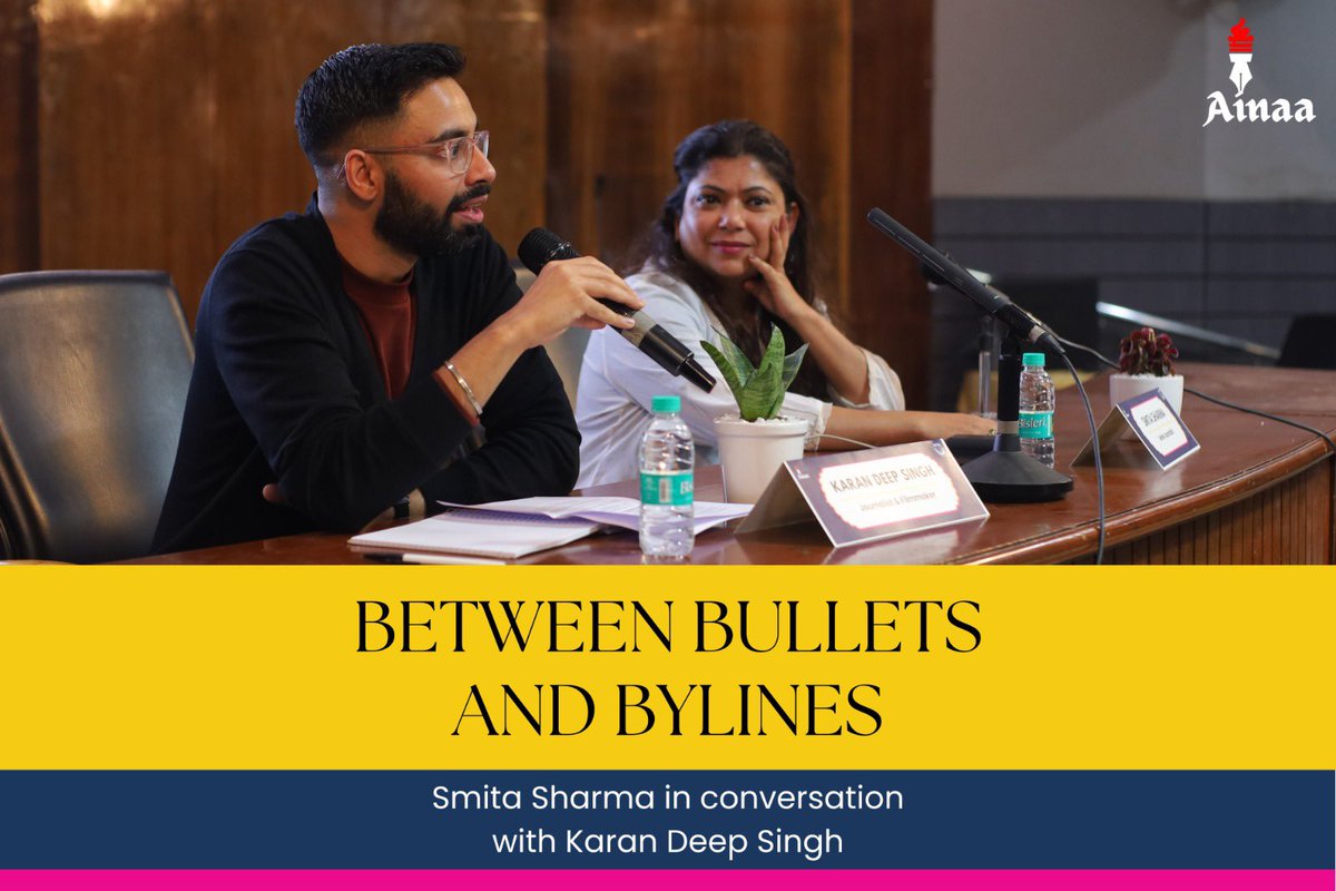 ainaa_macj's tweet photo. In conversation for the session “Between Bullets and Bylines”, @Karan_Singhs &amp; @Smita_Sharma examined the concept of ethical journalism, sharing personal experiences from ground reporting, reflecting on the emotional toll, responsibility, &amp; ethical dilemmas. https://t.co/ECoidFu3xv