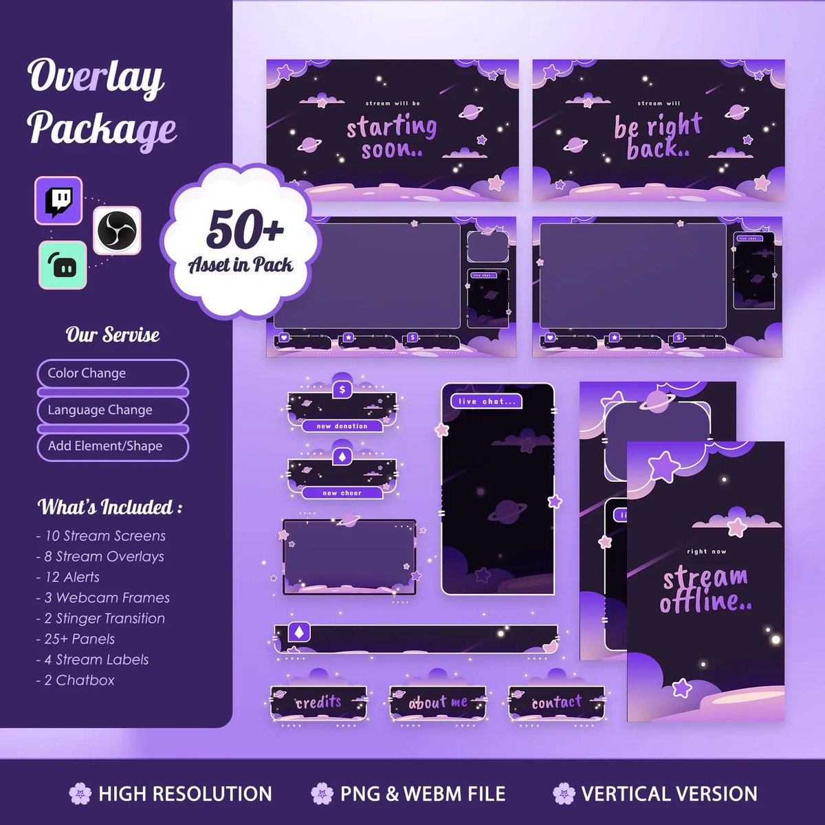 OverlayStream's tweet photo. Stream under the stars 🌌📷Soft purple tones dreamy clouds space Made for chill &amp; cozy streams. Easy setup 📷https://t.co/wQIEG6sL43 

#Twitch #TwitchStreamer #VTuber #LiveStreaming #ContentCreator #StreamerLife #OBSStudio #Streamlabs #StreamingSetup #Overlay #Cute #Galaxy #Art https://t.co/2STjCr7y0T