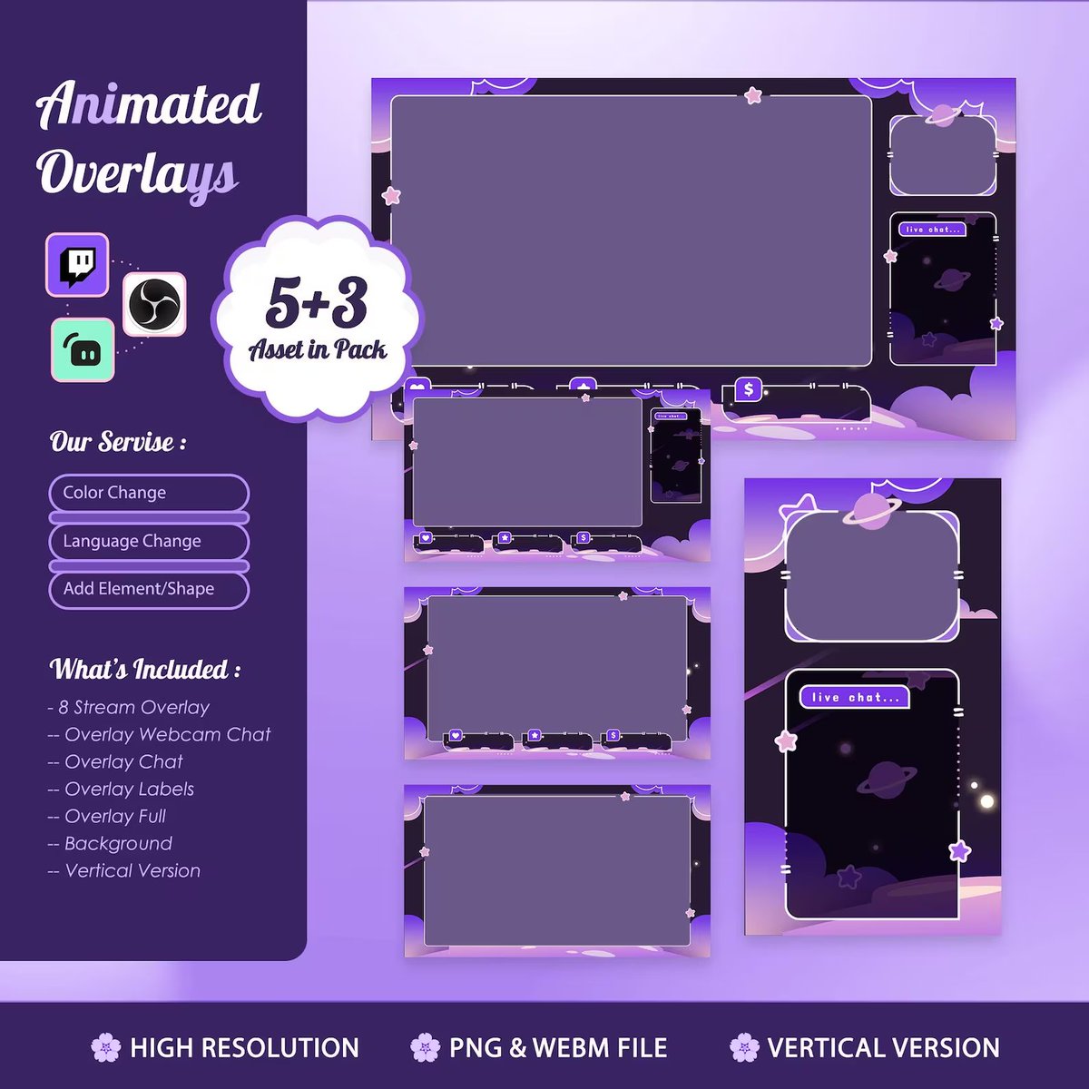 OverlayStream's tweet photo. Stream under the stars 🌌📷Soft purple tones dreamy clouds space Made for chill &amp; cozy streams. Easy setup 📷https://t.co/wQIEG6sL43 

#Twitch #TwitchStreamer #VTuber #LiveStreaming #ContentCreator #StreamerLife #OBSStudio #Streamlabs #StreamingSetup #Overlay #Cute #Galaxy #Art https://t.co/2STjCr7y0T