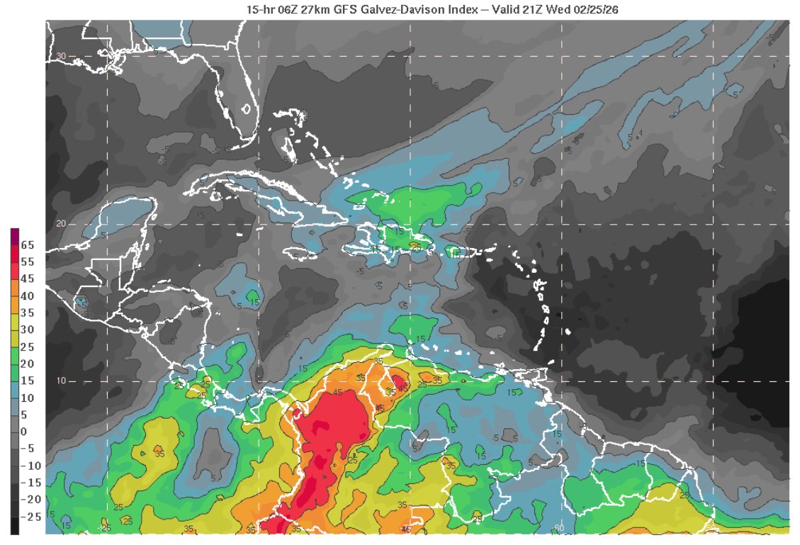 En Venezuela, se prevé una jornada de estabilidad atmosférica absoluta y por ello seca, promovida por régimen de los alisios, OLLJ nocturno asociado, propagación de SAL y subsidencia en niveles medios y altos. Factores locales causarán chubascos muy aislados en Zulia y Andes.