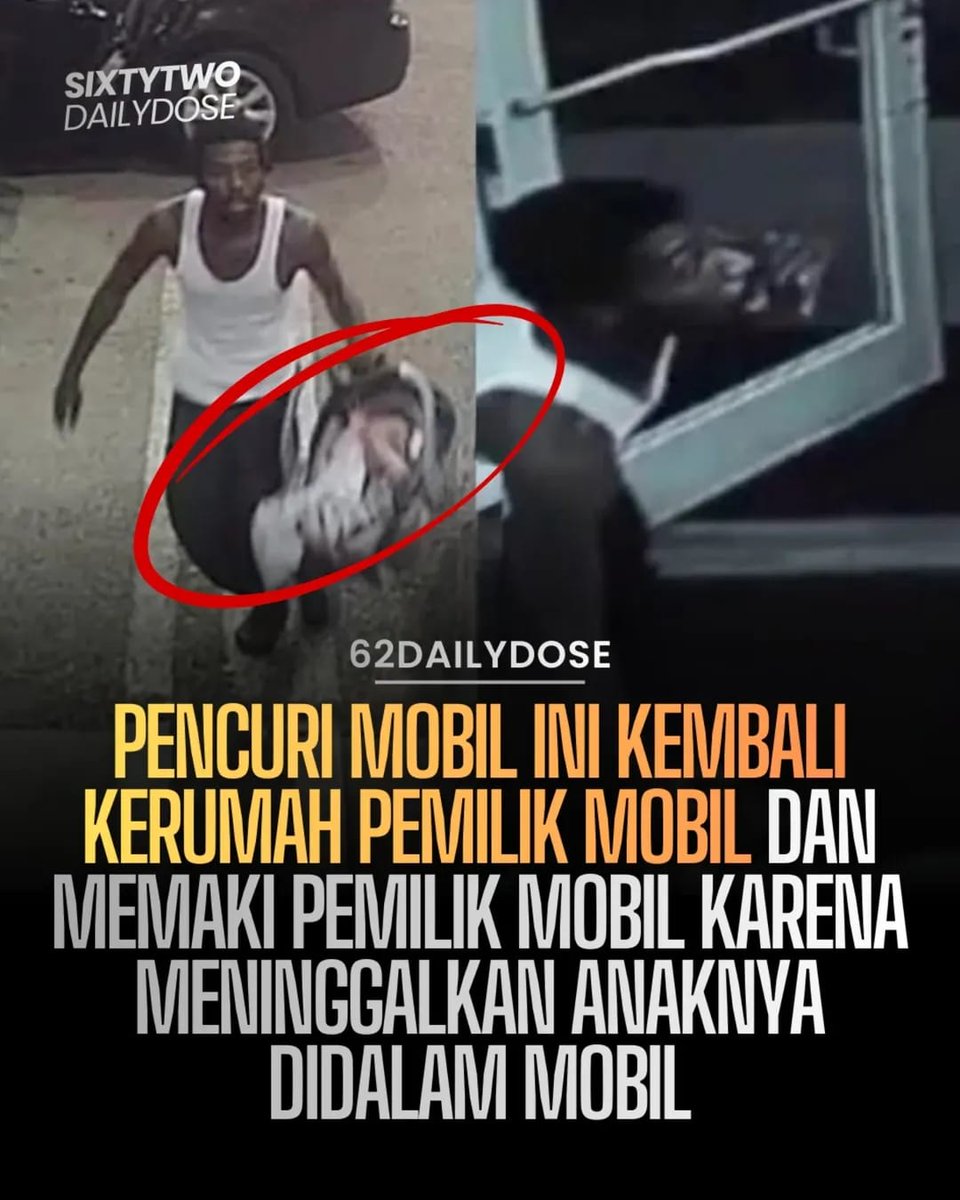 Netizen_bawel's tweet photo. Di Beaverton, Oregon, polisi menyelidiki kasus aneh di mana seorang tersangka mencuri mobil SUV milik seorang wanita yang ditinggalkan dalam keadaan tidak terkunci dan mesin menyala dengan anak berusia 4 tahun di dalamnya. Setelah membawa kabur kendaraan tersebut, pria itu baru menyadari ada seorang anak di kursi belakang. Ia kemudian kembali ke lokasi kejadian, menyerahkan anak itu kembali kepada ibunya, dan bahkan memarahi sang ibu karena meninggalkan anaknya tanpa pengawasan, sebelum akhirnya kembali kabur dengan mobil tersebut untuk kedua kalinya.