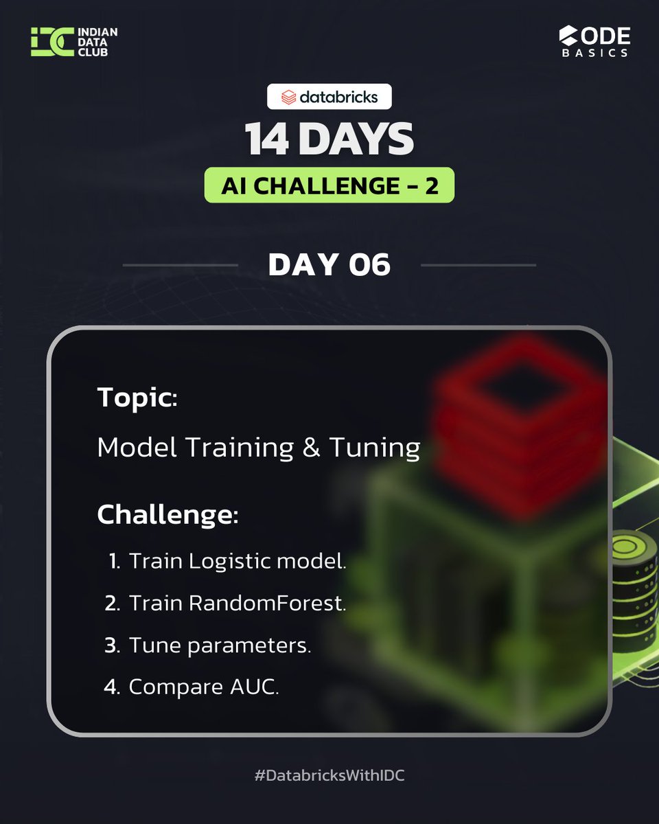 vinitsolanki111's tweet photo. Day 6 of 14 Days AI Challenge 2

Trained Logistic Regression and Random Forest on 2.4M+ records. Tuned parameters and compared AUC to select the best model.

@Databricks @codebasicshub  @Indiandataclub
#DatabricksWithIDC #MachineLearning #SparkML https://t.co/yCMqxLwYjl