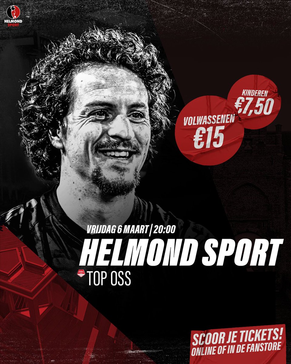 HelmondSport's tweet photo. 𝙎𝙘𝙤𝙤𝙧 𝙣𝙪 𝙟𝙚 𝙩𝙞𝙘𝙠𝙚𝙩𝙨 𝙫𝙤𝙤𝙧 𝙨𝙡𝙚𝙘𝙝𝙩𝙨 €𝟭𝟱!

Volgende week vrijdag 6 maart, thuis. Samen het weekend in, samen achter Onze Club. App je vriendengroep, trommel je familie op. Samen gaan we volle bak tegen TOP Oss! 💪

👉 Scoor nu je tickets via https://t.co/3LvQ7sgylw!

- Volwassenen: slechts €15,-
- Kinderen: maar €7,50

𝘓𝘦𝘵 𝘰𝘱: 𝘸𝘦 𝘩𝘦𝘣𝘣𝘦𝘯 𝘦𝘦𝘯 𝘯𝘪𝘦𝘶𝘸𝘦 𝘵𝘪𝘤𝘬𝘦𝘵𝘴𝘩𝘰𝘱. 𝘋𝘦 𝘶𝘪𝘵𝘭𝘦𝘨 𝘷𝘪𝘯𝘥 𝘫𝘦 𝘰𝘱 𝘩𝘦𝘭𝘮𝘰𝘯𝘥𝘴𝘱𝘰𝘳𝘵.𝘯𝘭/𝘯𝘪𝘦𝘶𝘸𝘴. 𝘒𝘰𝘮 𝘫𝘦 𝘦𝘳 𝘯𝘪𝘦𝘵 𝘶𝘪𝘵? 𝘚𝘵𝘶𝘶𝘳 𝘥𝘢𝘯 𝘦𝘦𝘯 𝘦-𝘮𝘢𝘪𝘭 𝘯𝘢𝘢𝘳 𝘵𝘪𝘤𝘬𝘦𝘵𝘪𝘯𝘨@𝘩𝘦𝘭𝘮𝘰𝘯𝘥𝘴𝘱𝘰𝘳𝘵.𝘯𝘭. 𝘞𝘦 𝘩𝘦𝘭𝘱𝘦𝘯 𝘫𝘦 𝘨𝘳𝘢𝘢𝘨 𝘷𝘦𝘳𝘥𝘦𝘳!